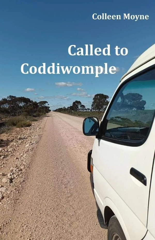 Cover of Called to Coddiwomple by Colleen Moyne: a white campervan parked on a red dirt road stretching to the horizon under a wide blue sky.